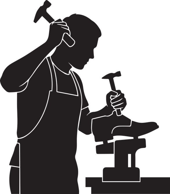 Silhouette noire d'un cordonnier portant un tablier, utilisant un marteau pour réparer une chaussure sur un support.