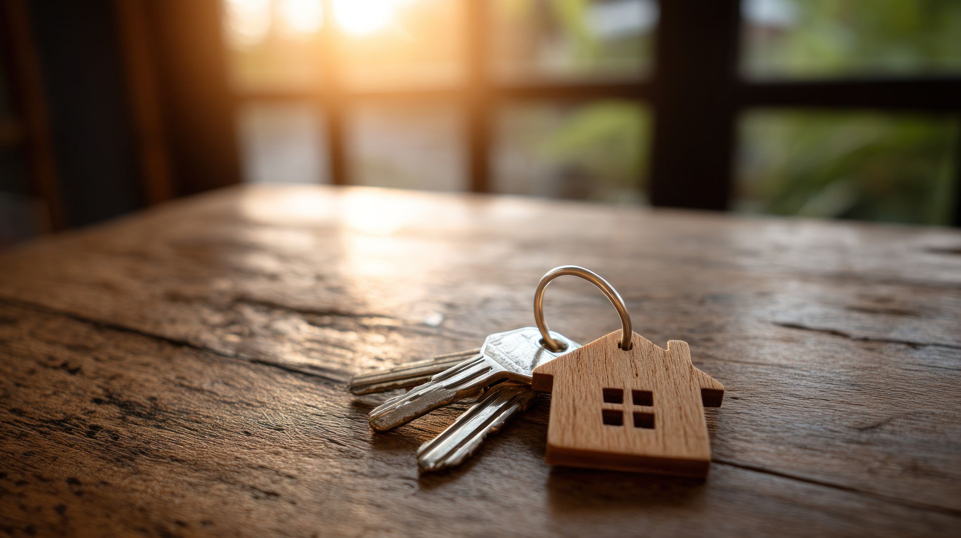 Des clés dans un porte-clés en bois en forme de maison, posées sur une table rustique en bois.