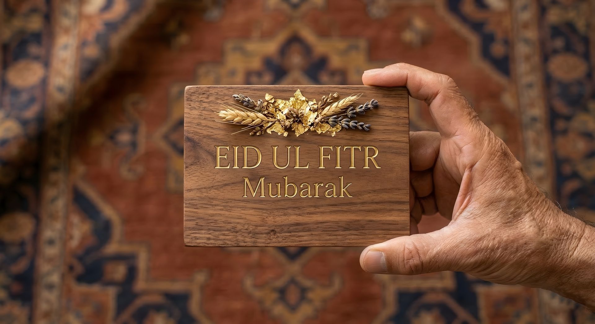 Une main tient une plaque rectangulaire en bois sur laquelle est gravé en lettres d'or l'inscription EID UL FITR Mubarak, au-dessus d'un petit motif floral métallique.