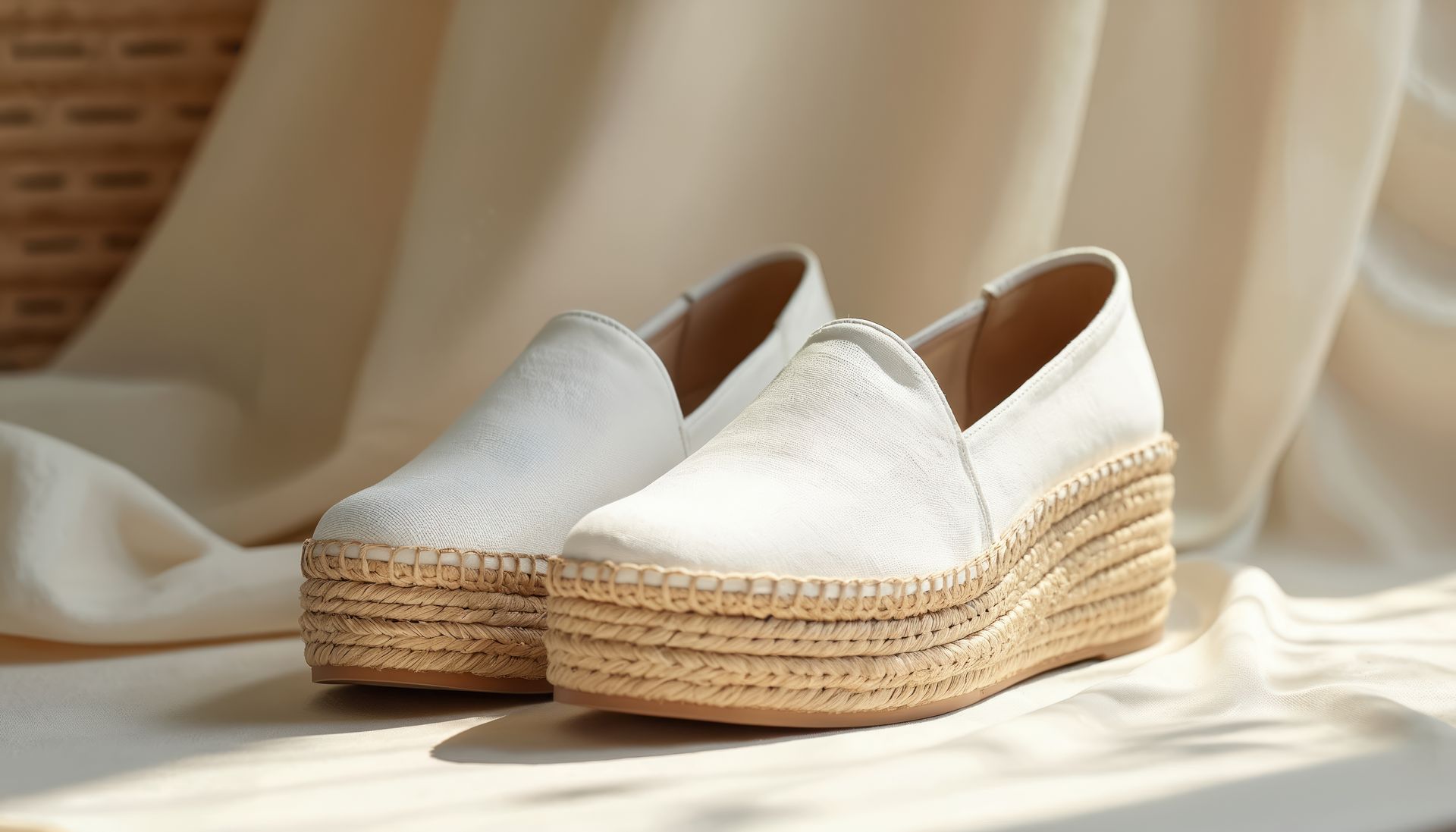 Une paire d'espadrilles compensées blanches texturées, posées sur un fond de tissu drapé de couleur neutre.
