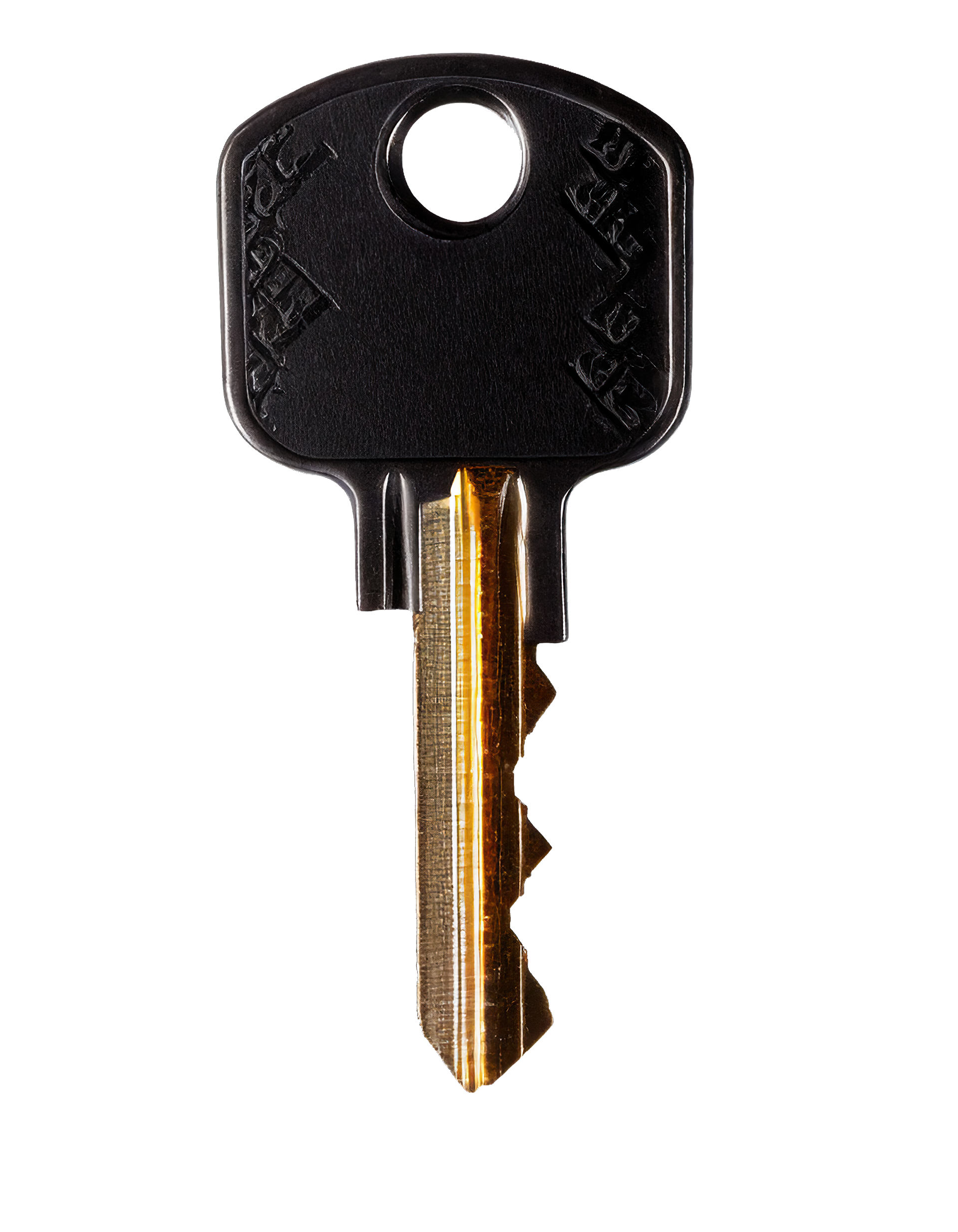 Une simple clé en métal avec une tête en plastique noir et une lame dentelée de couleur dorée.