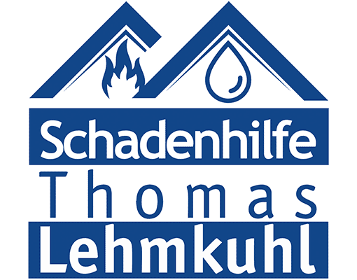 Blau-weißes Logo mit der Aufschrift „Tischlerei Thomas Lehmkuhl“ und einer stilisierten Dachliniengrafik
