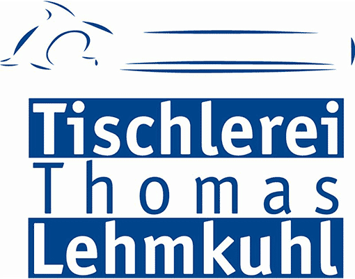 Blau-weißes Logo mit der Aufschrift „Tischlerei Thomas Lehmkuhl“ und einer stilisierten Dachliniengrafik