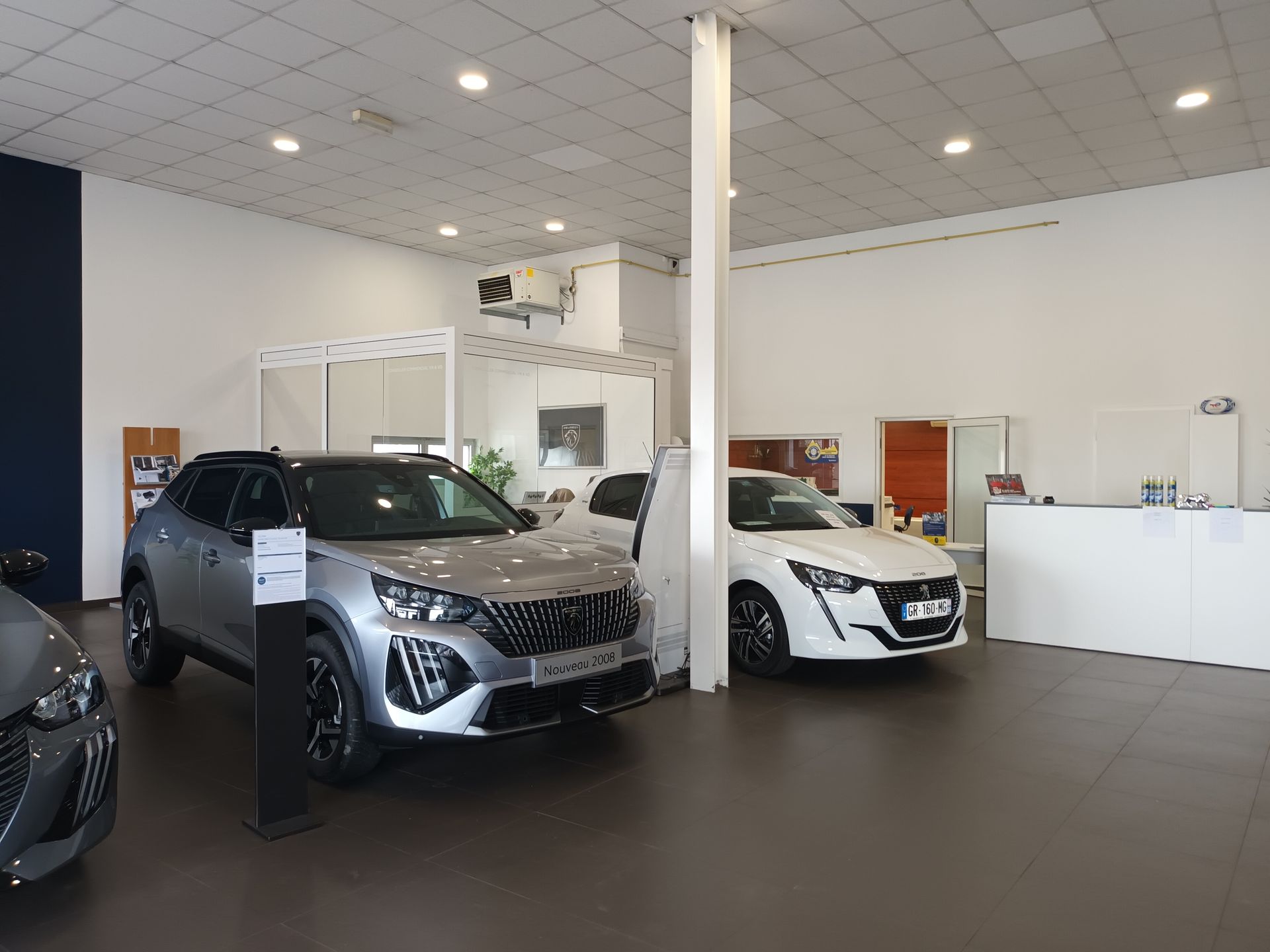 Intérieur d'une salle d'exposition d'automobiles présentant plusieurs véhicules neufs.