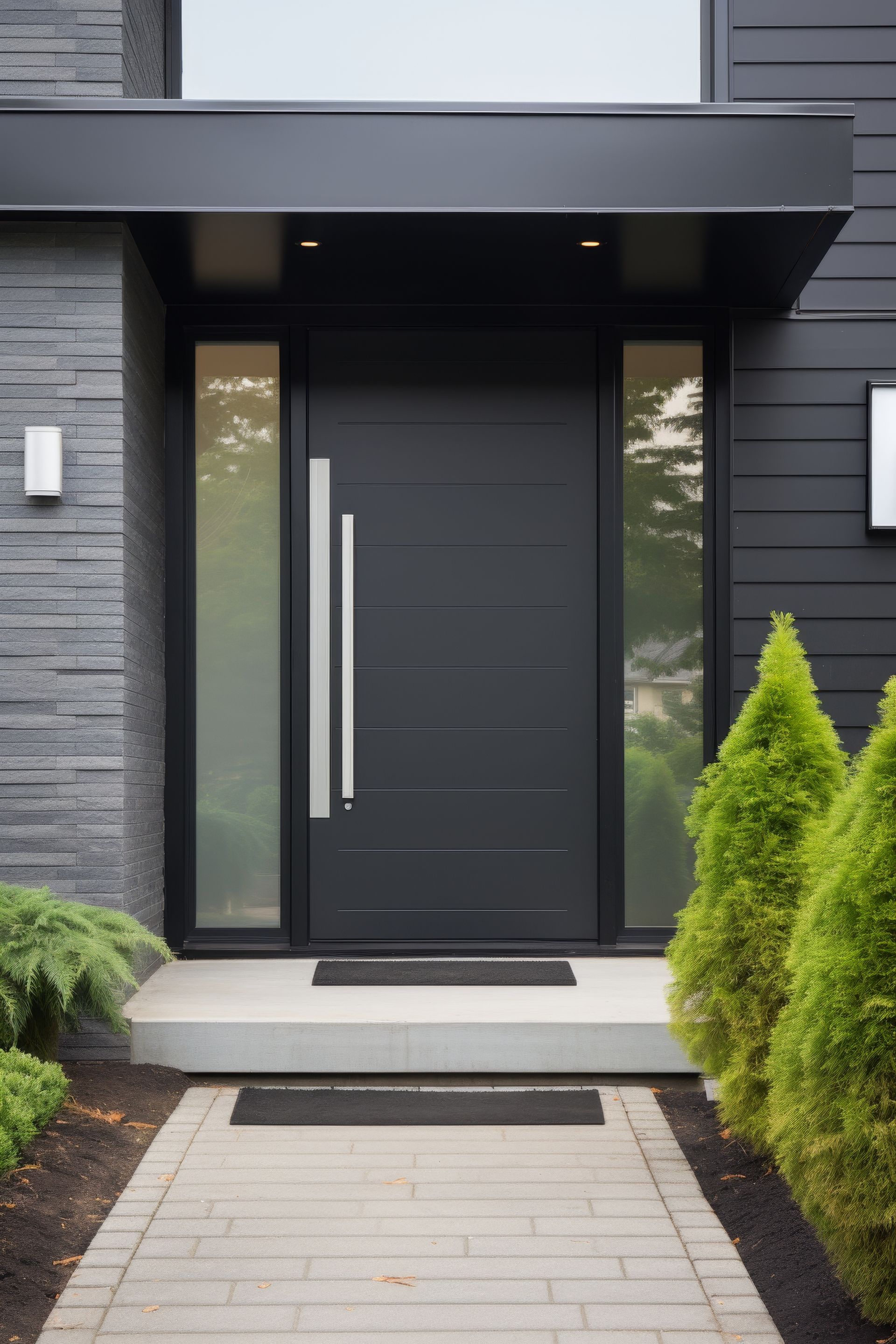 Porte d'entrée en aluminium et deux châssis fixes vitrés