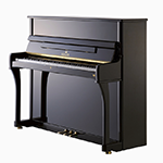Ein schwarzes Klavier steht auf einer weißen Fläche.