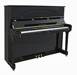 Ein schwarzes Klavier mit weißen Tasten auf weißem Hintergrund.