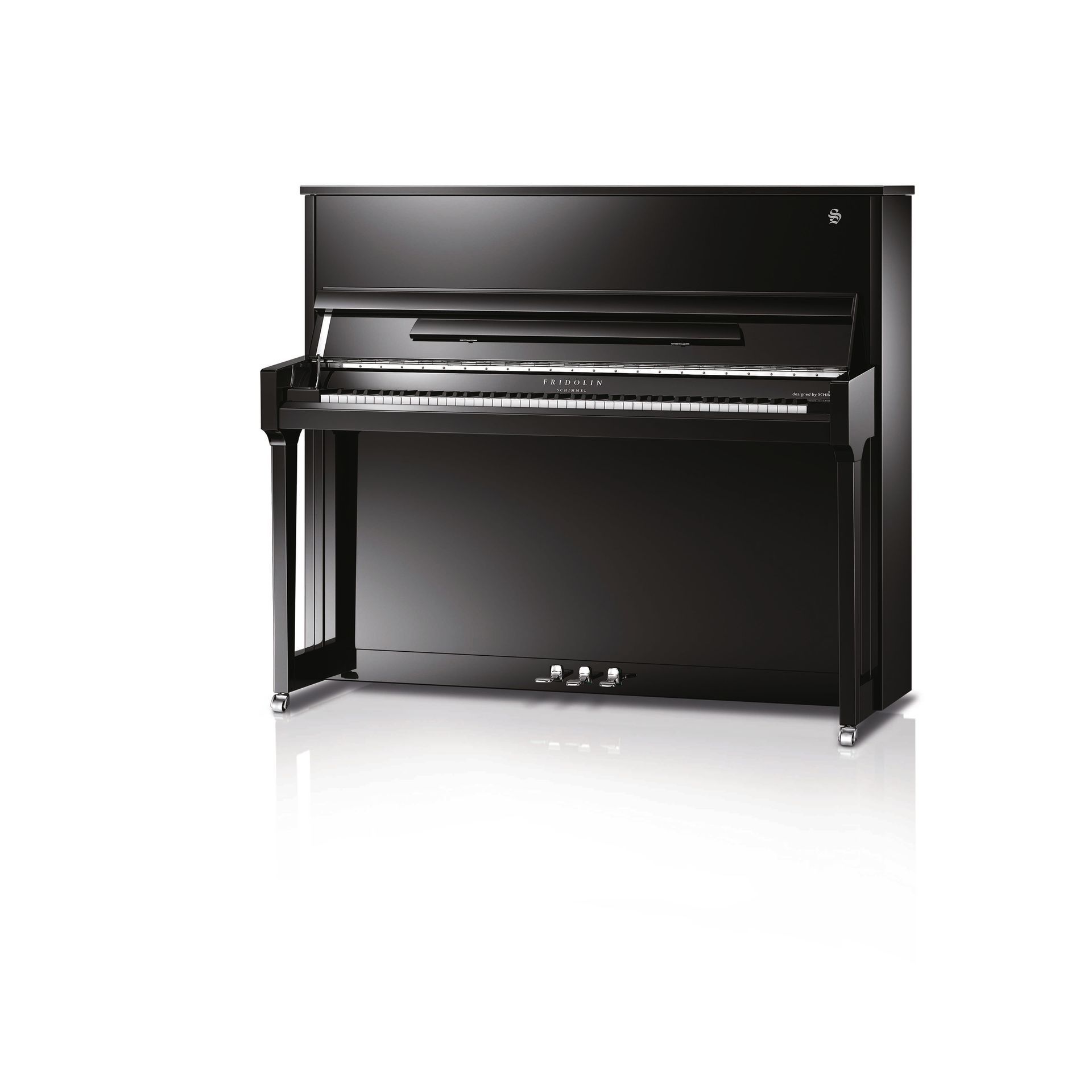 Ein schwarzes Klavier mit weißen Tasten auf weißem Hintergrund.