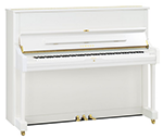 Ein weißes Klavier mit goldenen Tasten auf weißem Hintergrund.