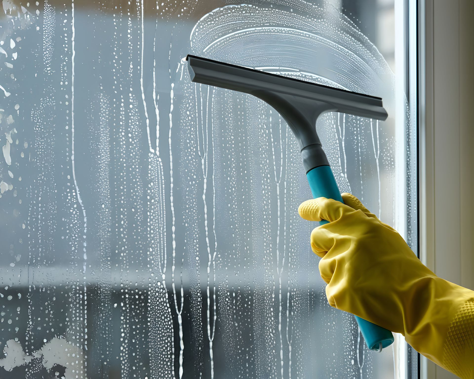 Une main nettoie une vitre avec une raclette