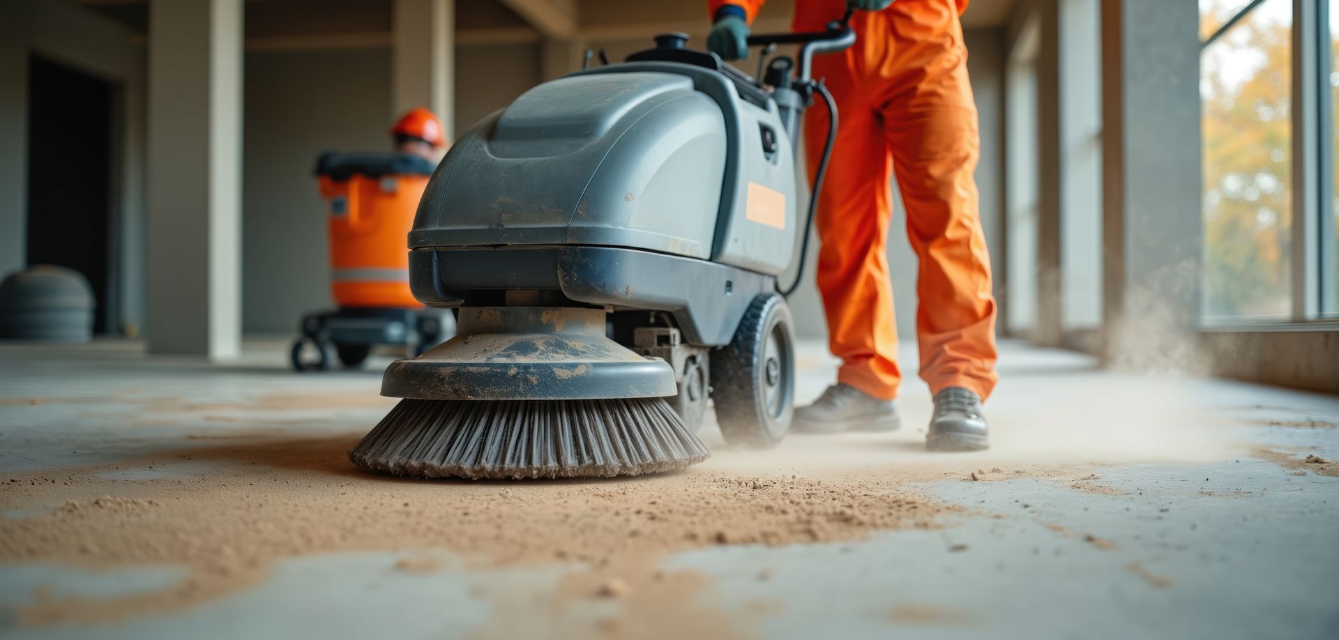 Un homme en combinaison passe l'aspirateur sur un chantier