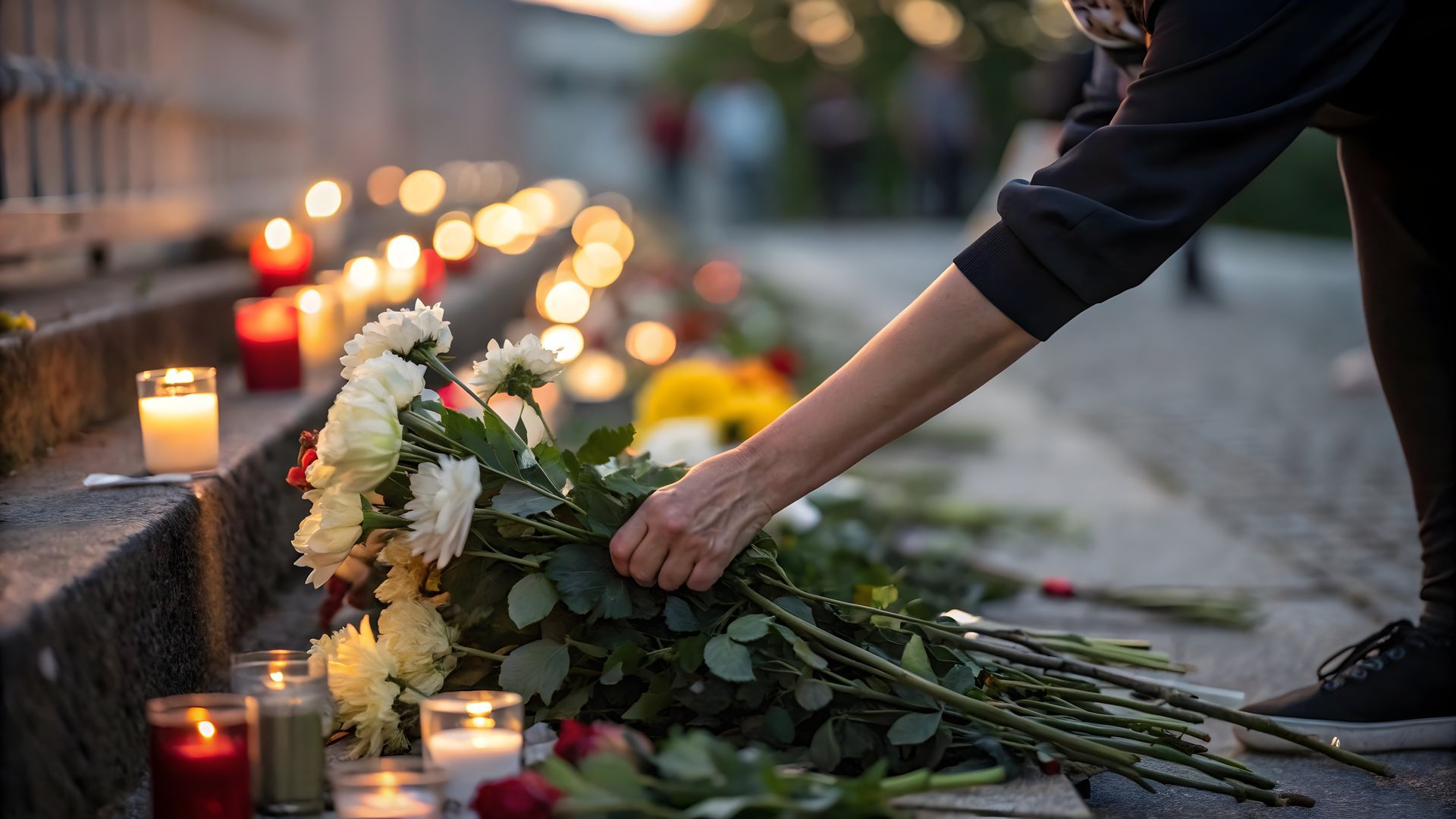 Une femme dépose un bouquet de fleurs sur une tombe