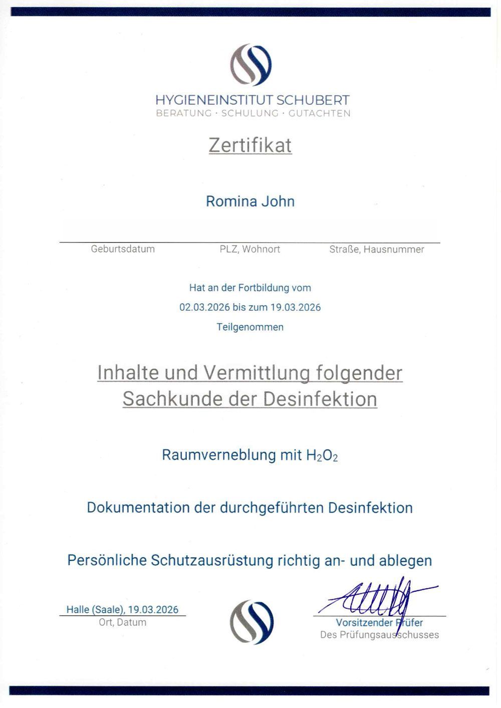 Romina John erhielt vom Hygieninstitut Schülke ein Zertifikat für ihre berufliche Weiterbildung in Desinfektionsverfahren.