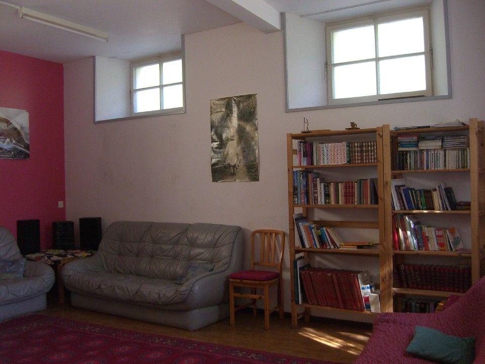 Un salon avec un canapé gris, une bibliothèque en bois, une chaise en bois et des fenêtres.