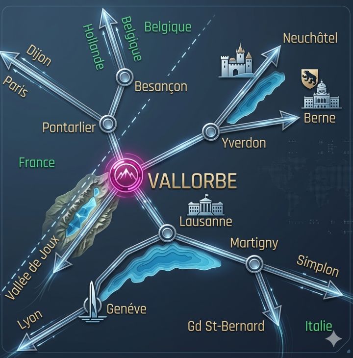 Une carte des lignes ferroviaires centrées sur Vallorbe, avec des lignes reliant différentes villes.