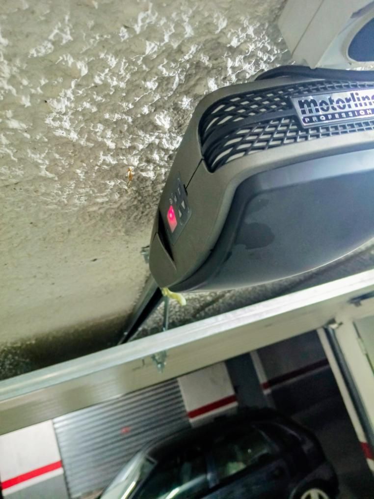 Abridor de puerta de garaje con un coche negro visible debajo.