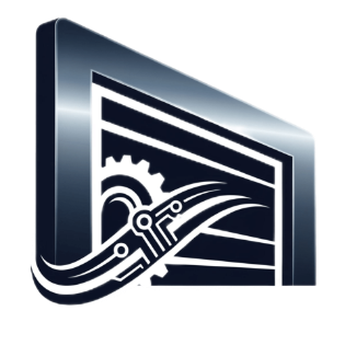 Puerta de garaje con engranaje, placa de circuito y líneas fluidas, en tonos azules.