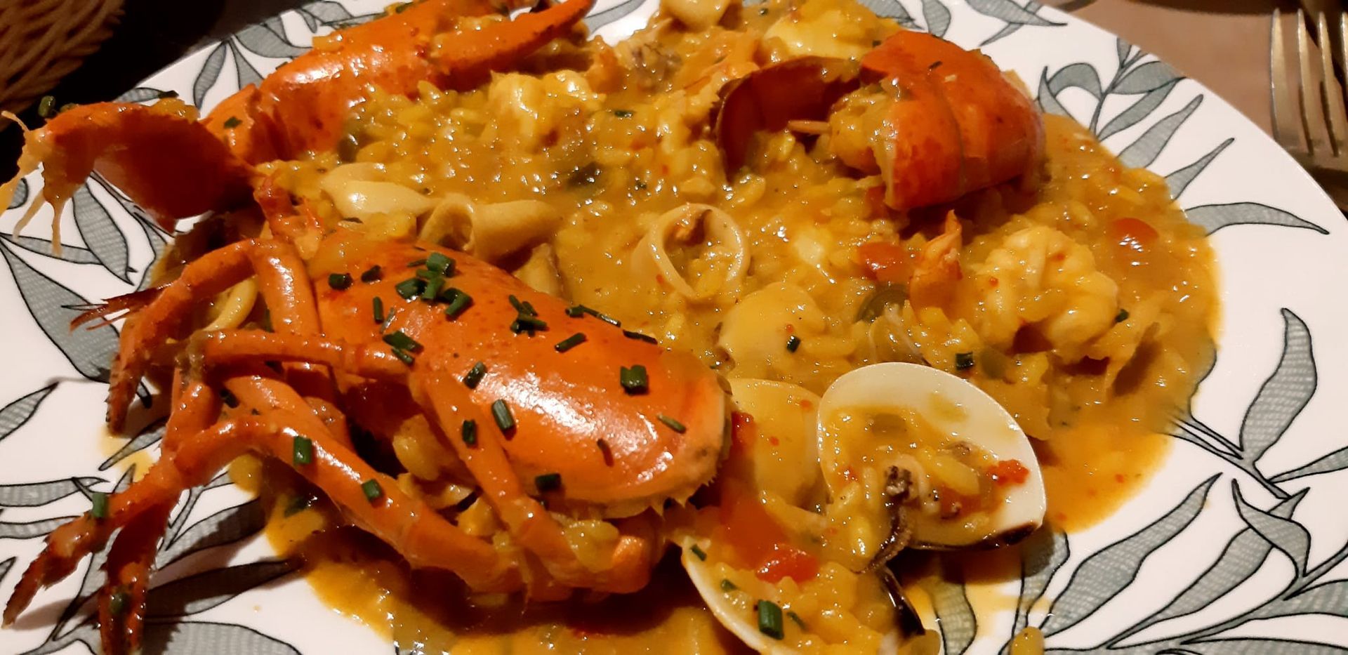 Un plato de comida con una langosta y almejas encima.