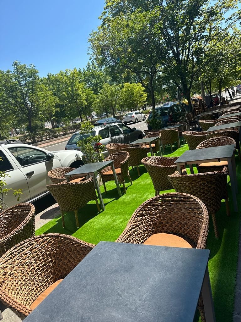 Una hilera de sillas y mesas de mimbre en un exuberante césped verde.