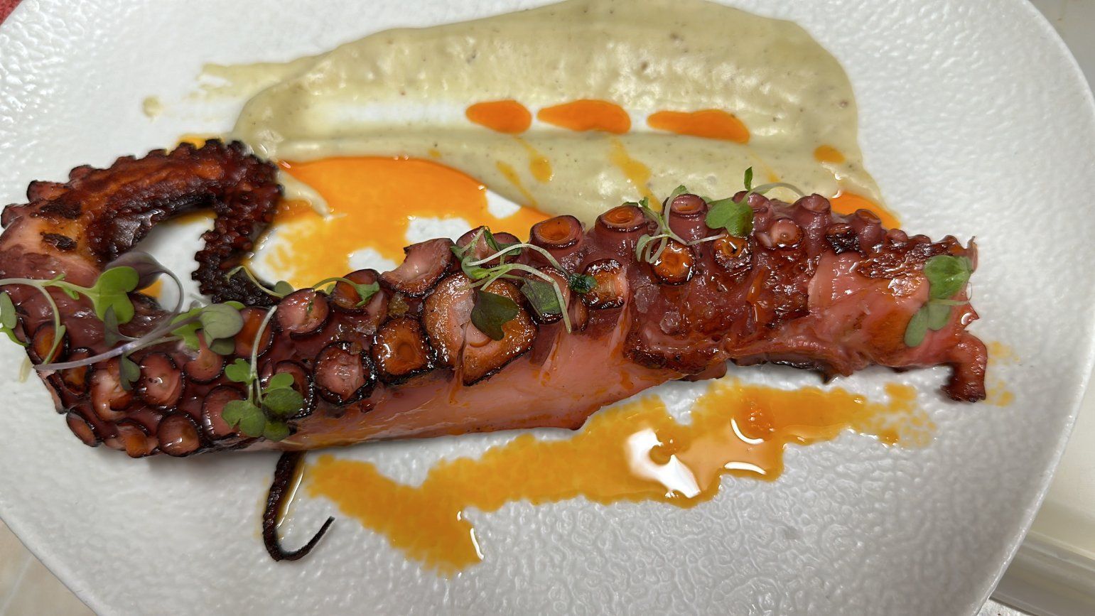 Un primer plano de un plato de comida con un pulpo encima.