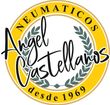 Logotipo para llantera "Angel Castellanos Neumaticos", color amarillo y negro, con texto y corona de flores.