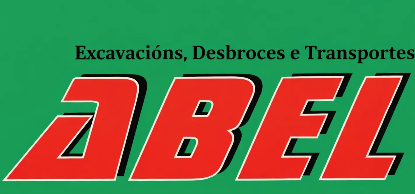Logotipo de Abel, empresa que ofrece servicios de excavación, desmonte y transporte. Texto rojo sobre fondo verde.