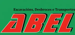 Logotipo de Abel, empresa que ofrece servicios de excavaci&oacute;n, desmonte y transporte. Texto rojo sobre fondo verde.