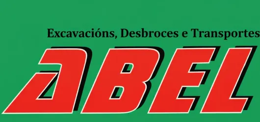 Logotipo de Abel, empresa que ofrece servicios de excavaci&oacute;n, desmonte y transporte. Texto rojo sobre fondo verde.