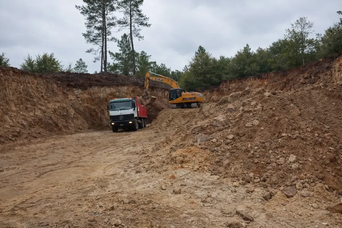 Excavadora cargando tierra en un camión en un sitio de construcción fangoso con un bosque al fondo.