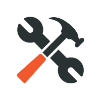 Clé et marteau croisés, noirs avec manche orange.