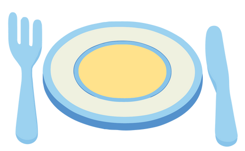 Une fourchette et un couteau bleu clair encadrent une assiette avec un centre jaune.