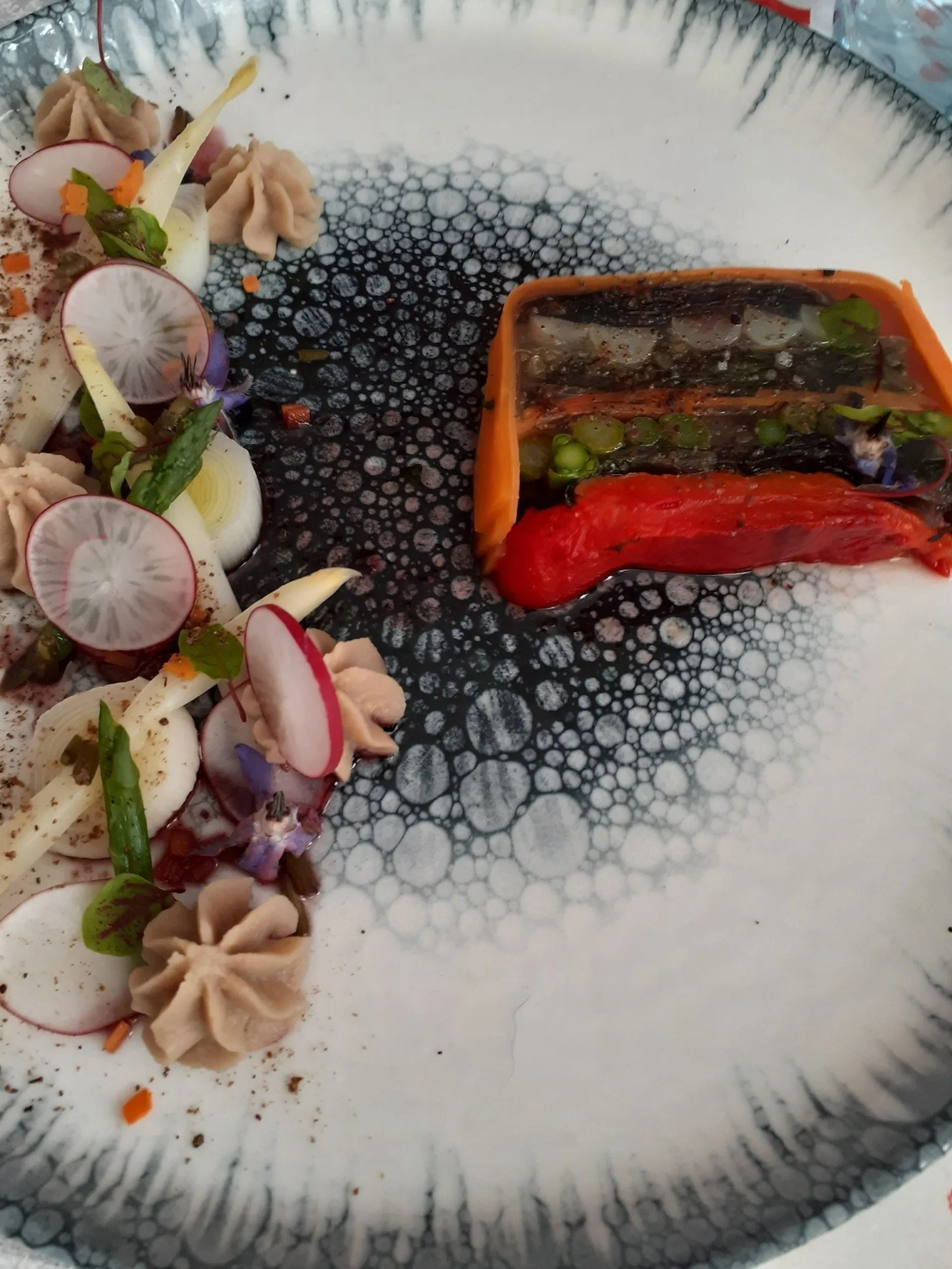 Terrine de légumes et garnitures présentées sur une assiette décorative. On y trouve des légumes rouges, verts et oranges.