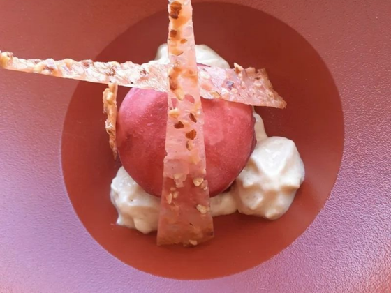 Dessert servi dans un bol couleur corail : sorbet rose, crème fouettée et garniture de nougatine aux amandes.