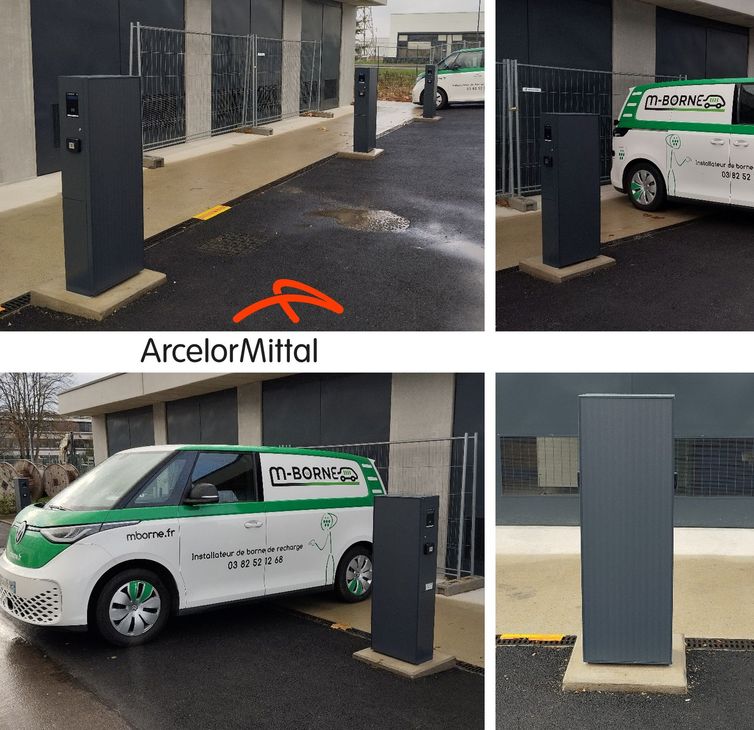 Camionnette de livraison ArcelorMittal garée à côté d'un poste de sécurité noir sur un parking, vue sous plusieurs angles