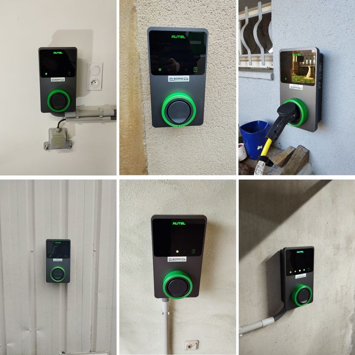 Collage de six bornes de recharge murales noires pour véhicules électriques, dotées d'anneaux verts lumineux, installées dans différents endroits intérieurs.