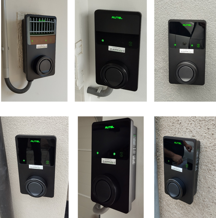Collage de six vues de bornes de recharges noir mural avec un clavier et un lecteur circulaire