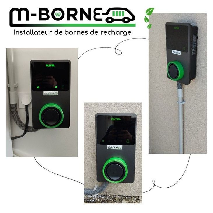 Logo M-Borne avec trois photos d'une borne de recharge murale pour véhicules électriques en noir et vert