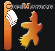 Un logotipo para copimaycor con un pájaro y una pila de papeles.