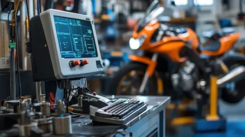 Pantalla de computadora y teclado en un banco de trabajo en un taller de reparación de motocicletas