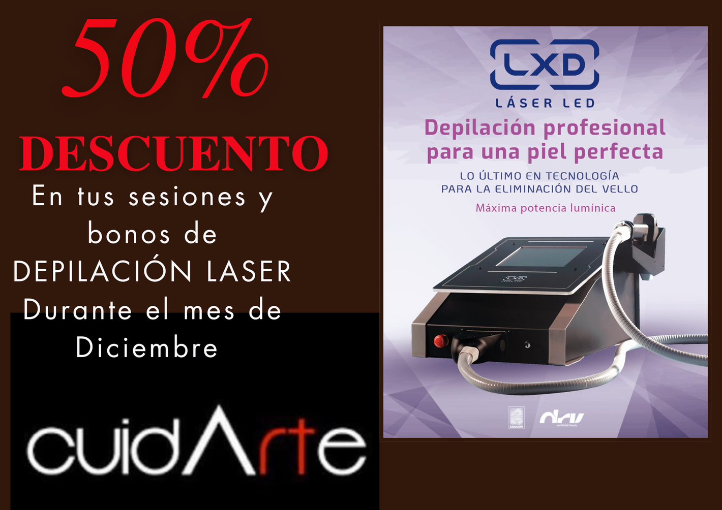 Anuncio de depilación láser con 50% de descuento en diciembre. Presenta una máquina láser y el logo de 