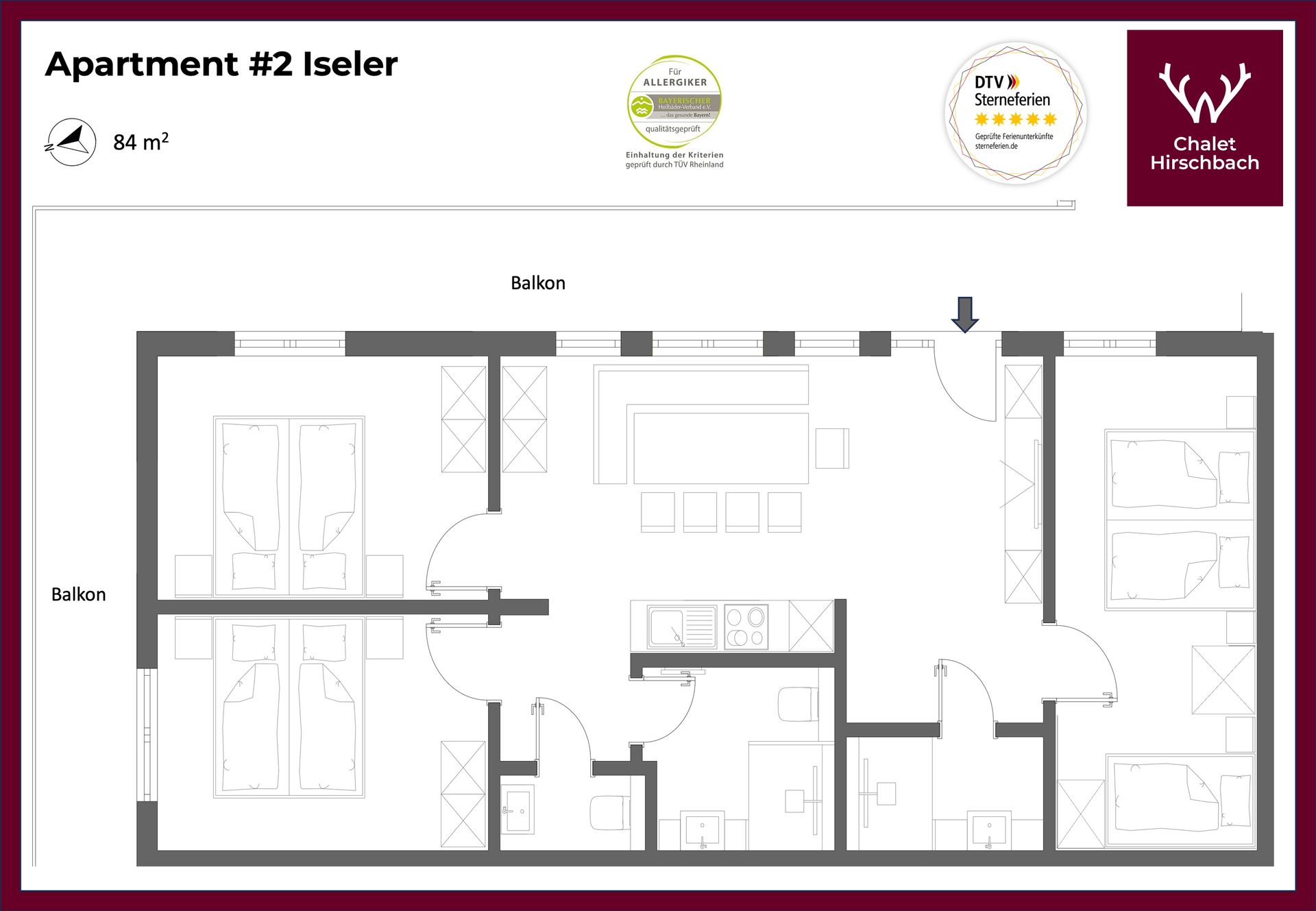Ein schwarz-weißer Grundriss einer Wohnung mit violettem Hintergrund.