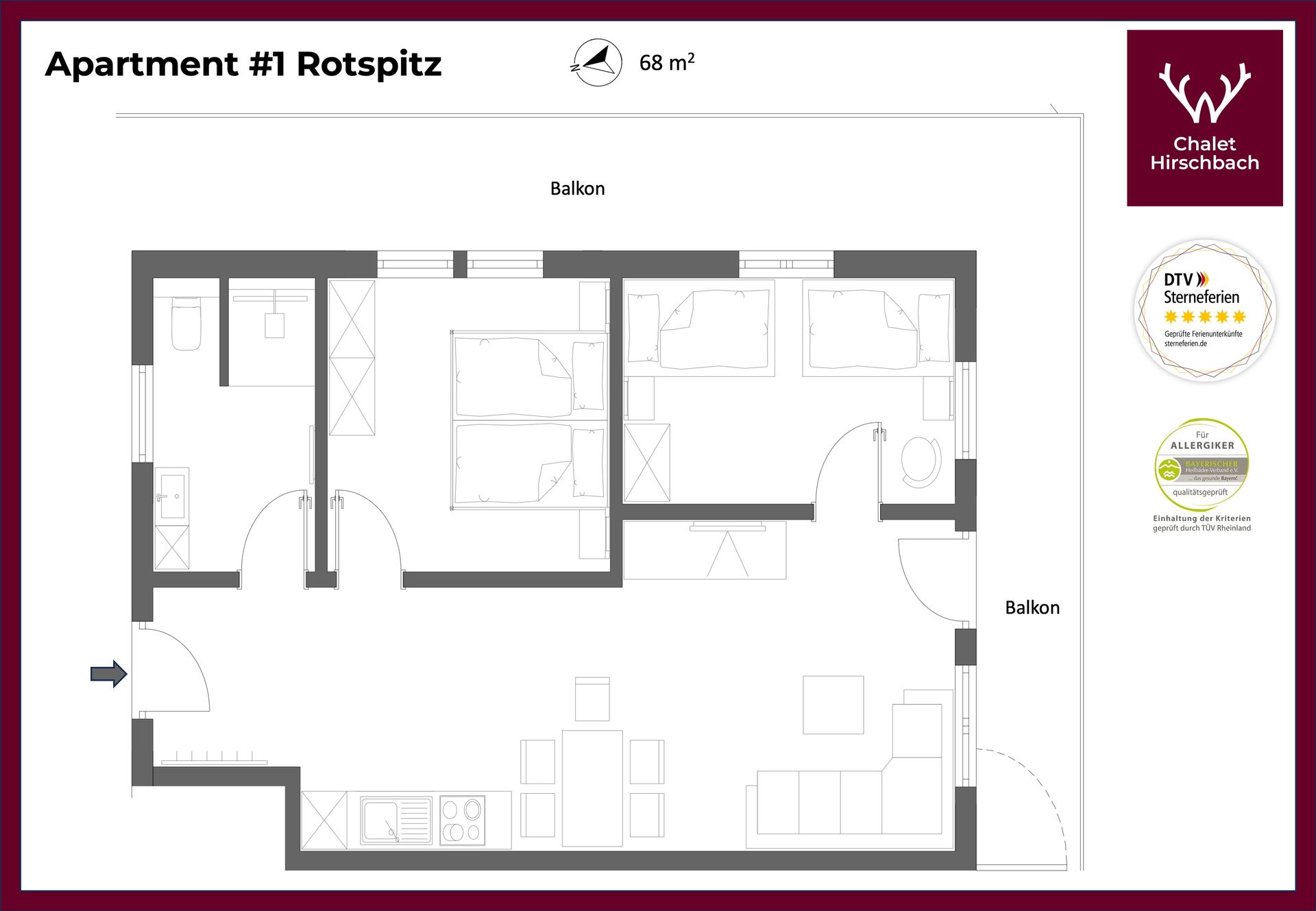 Ein schwarz-weißer Grundriss der Wohnung Nr. 1 Rotspitz