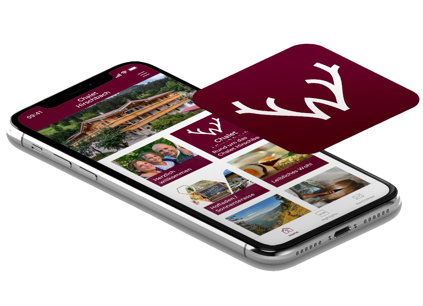 Das Bild zeigt die Chalet Hirschbach App auf einem Smartphone, inklusive App-Icon
