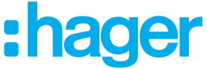 Un logo Hager bleu sur fond blanc