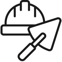 Un icono de casco y paleta en estilo de contorno sobre un fondo blanco.