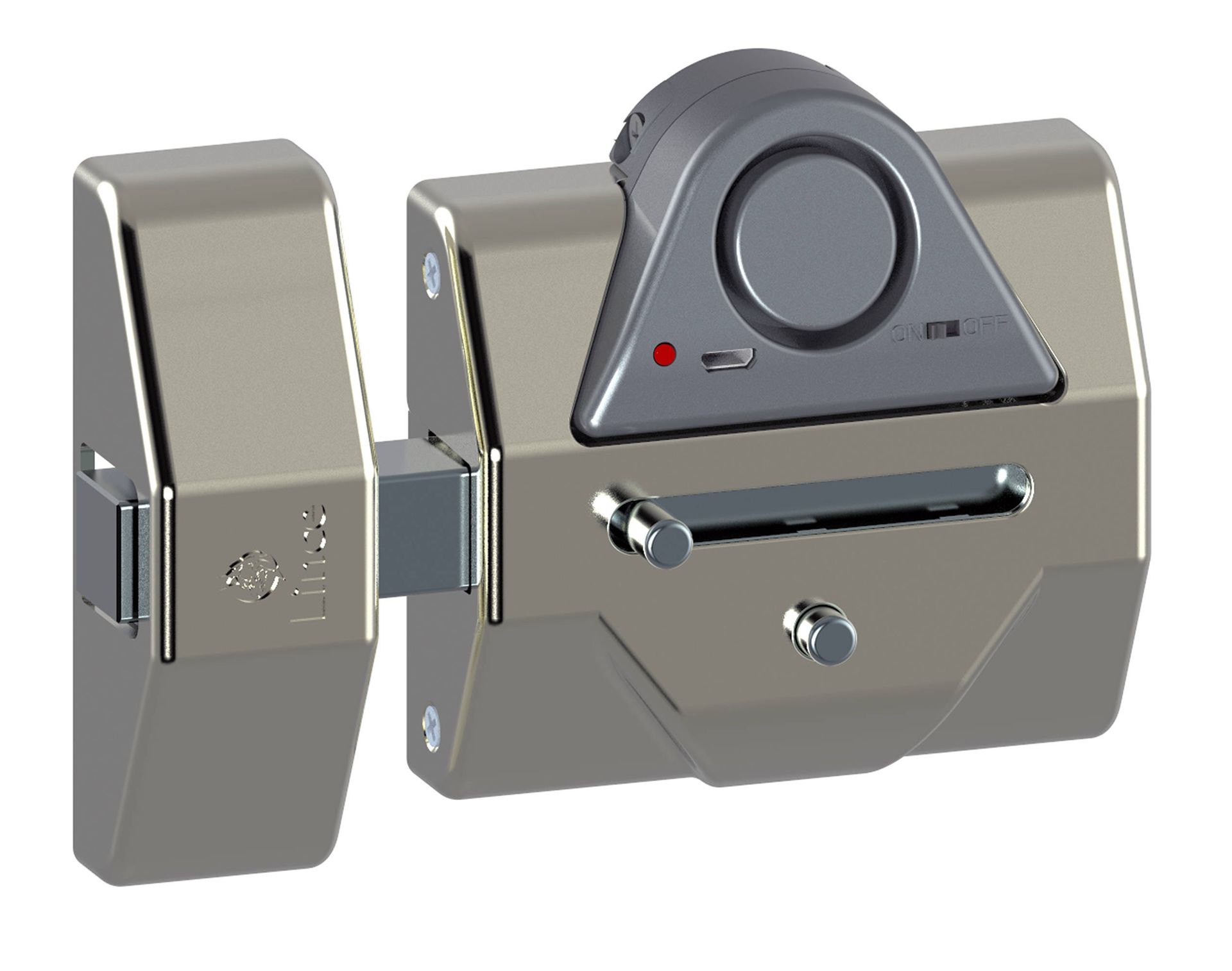 Una cerradura de puerta de acero inoxidable con una luz roja.