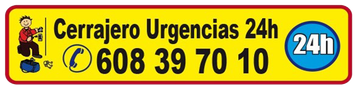 Un cartel amarillo que dice cerrajero jesus cano 608 39 70 10 urgencias 24h