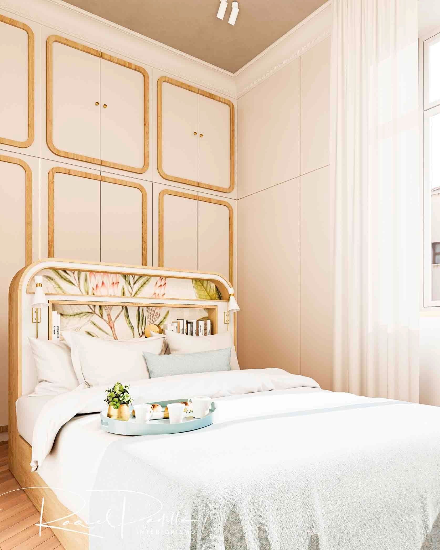 Interior de dormitorio con una cama, ropa de cama blanca y paneles de pared enmarcados.