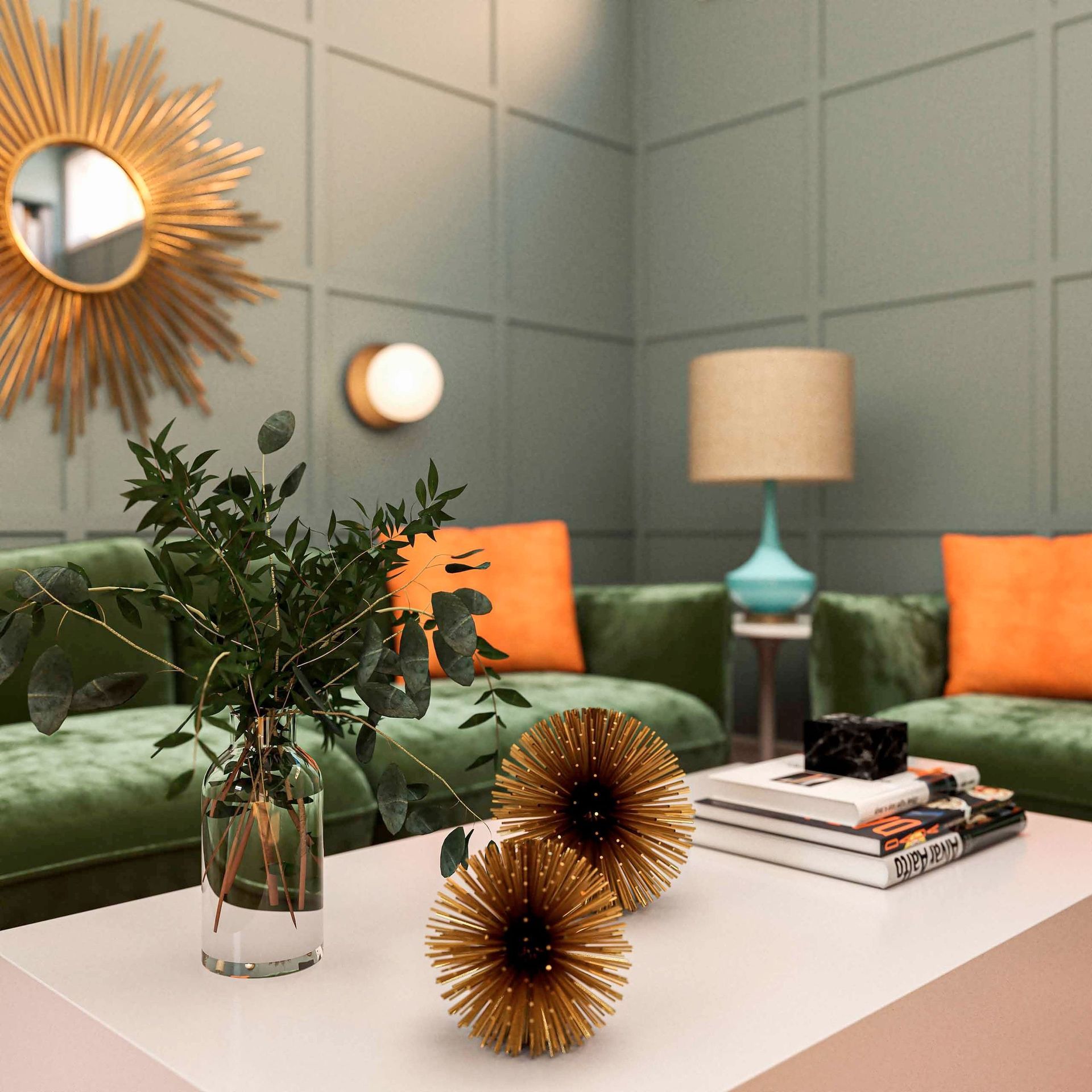 Sala de estar con sofá verde, almohadas naranjas y espejo dorado con forma de estrella.