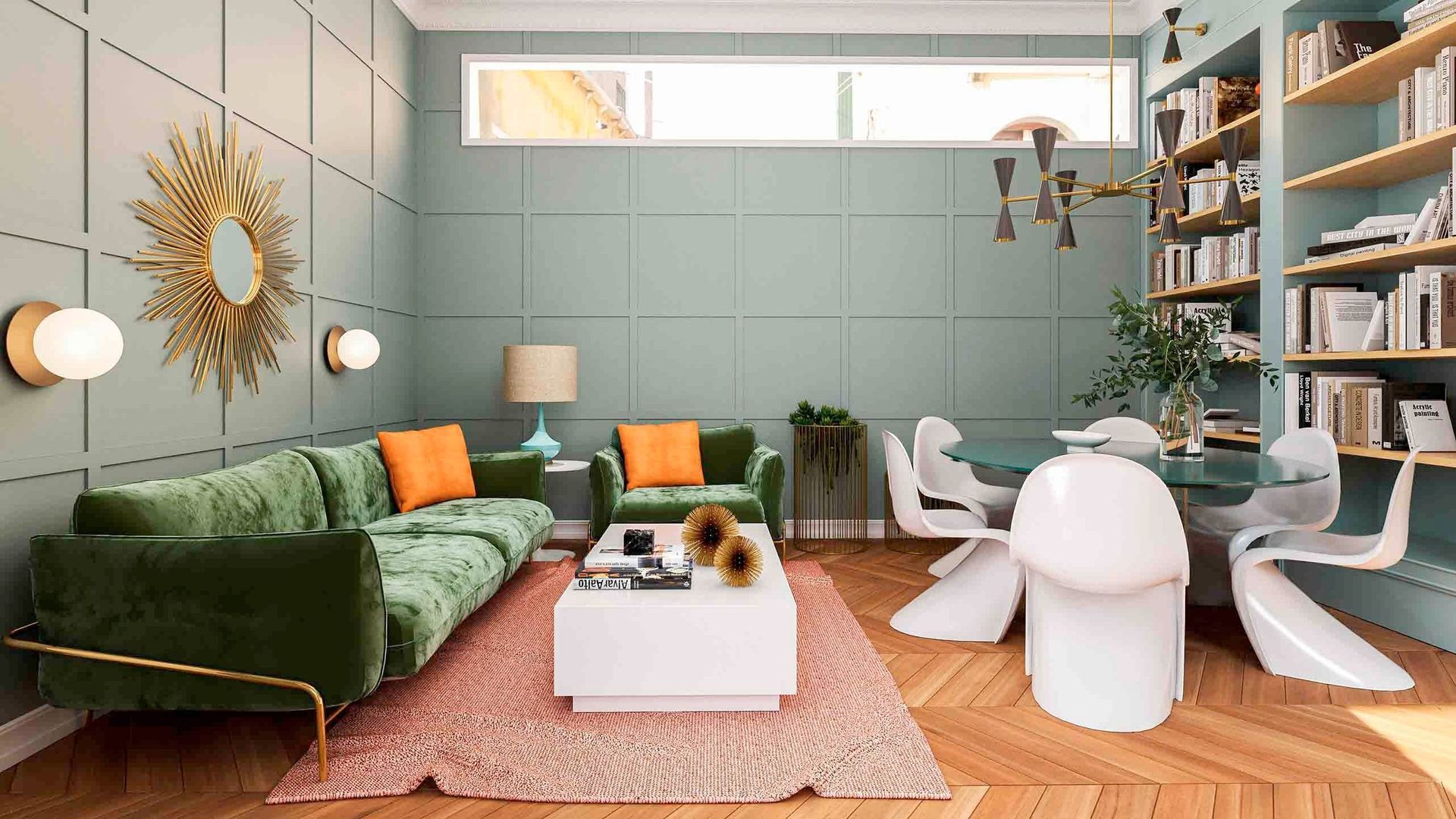 Sala de estar con paredes verdes, sofá verde, almohadas naranjas, sillas blancas y estanterías.